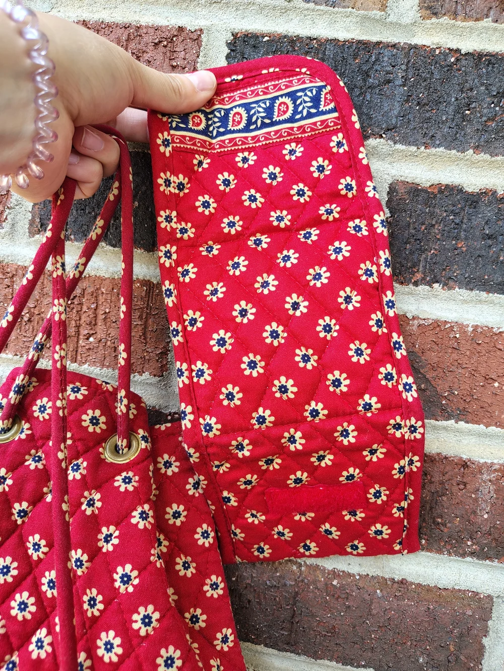 Vtg Vera Bradley Quilted Drawstring Backpack & Trifold Wallet Set Red Paisley